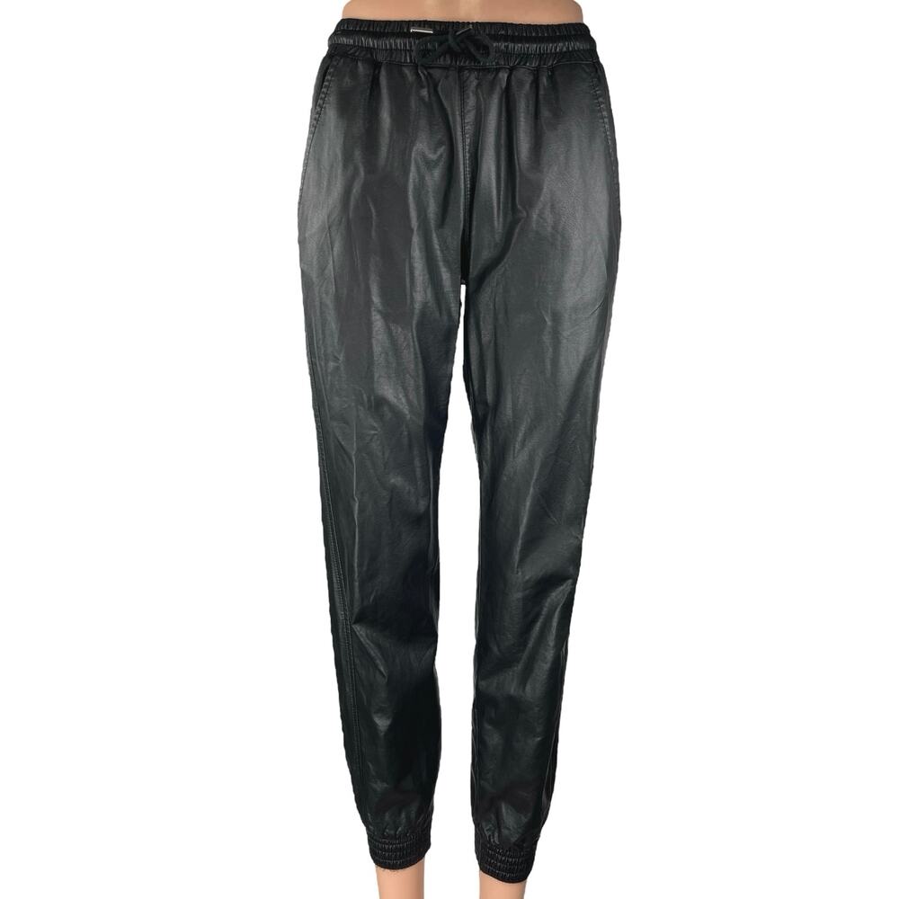 Zara Women Black Faux Vegan Leather High Rise Drawstring Jogger Trouser Pants XS